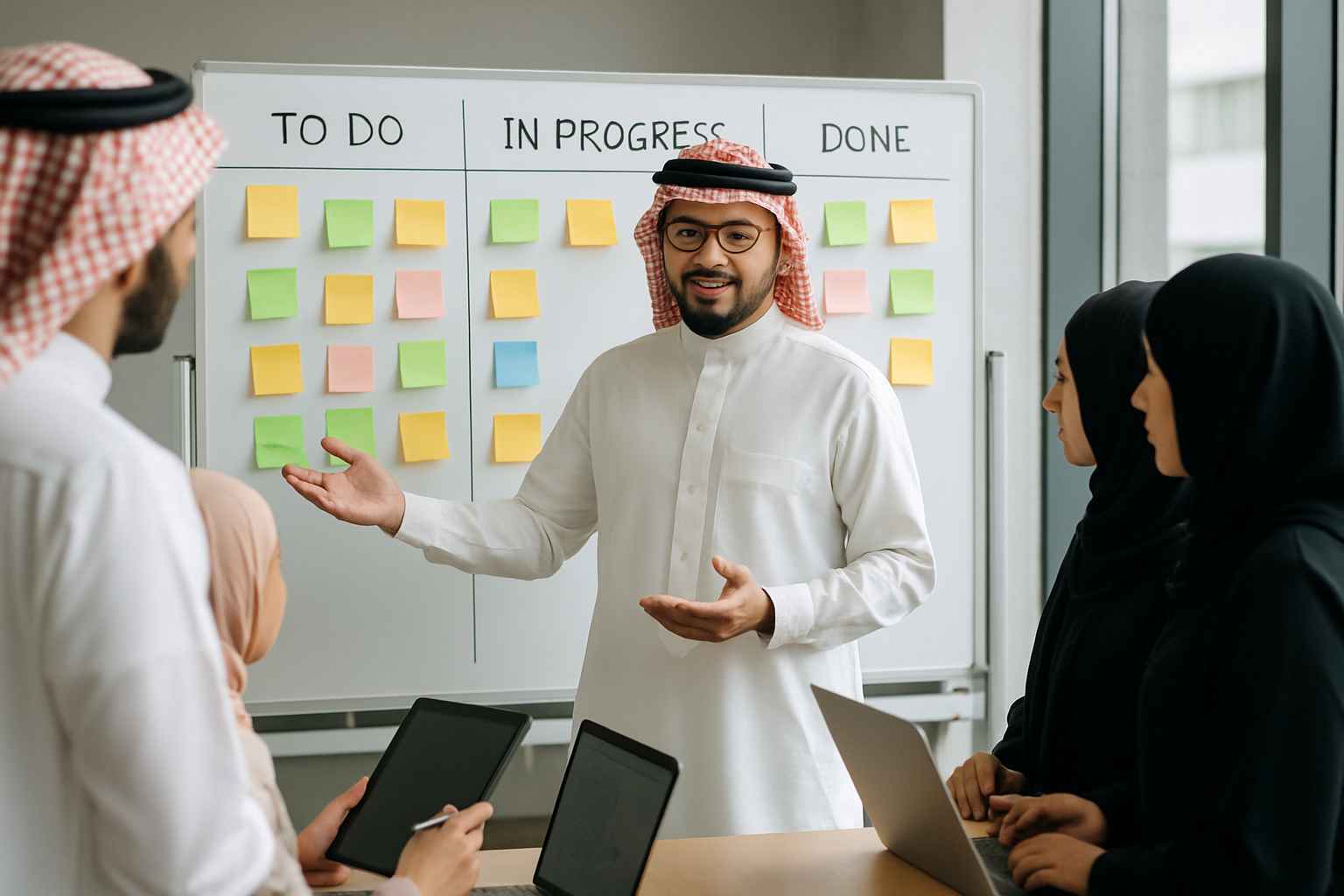 Ahmed leading a Scrum meeting for the LumiGems project